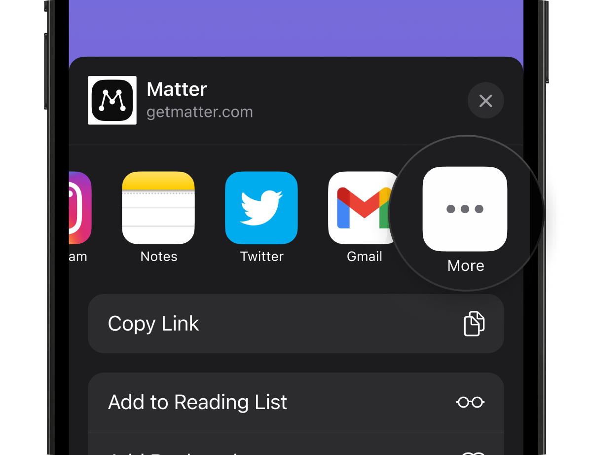 The "More" button in the iOS share sheet